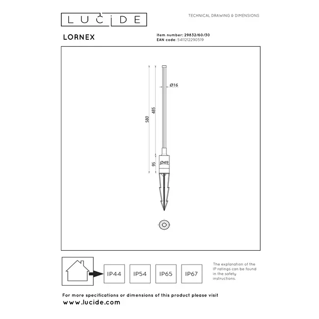 LORNEX - Garden spotlight - LED - 1x6W 3000K - IP54 - Black - 29832/60/30