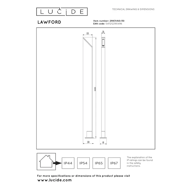 LAWFORD - Lampadaire - LED - 1x6W 3000K - IP54 - Noir - 29831/60/30