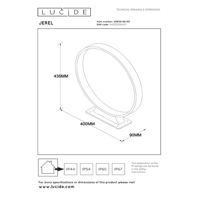 JEREL - Lampadaire - Ø 40 cm - LED - 1x5W 3000K - IP54 - Noir - 29830/40/30