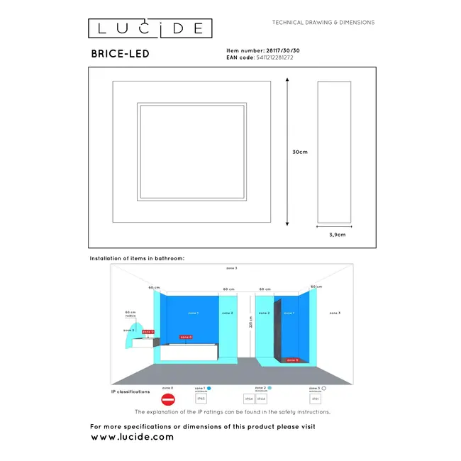 BRICE-LED - Plafonnière Badkamer - LED Dimb. - 1x30W 3000K - IP44 - Zwart - 28117/30/30