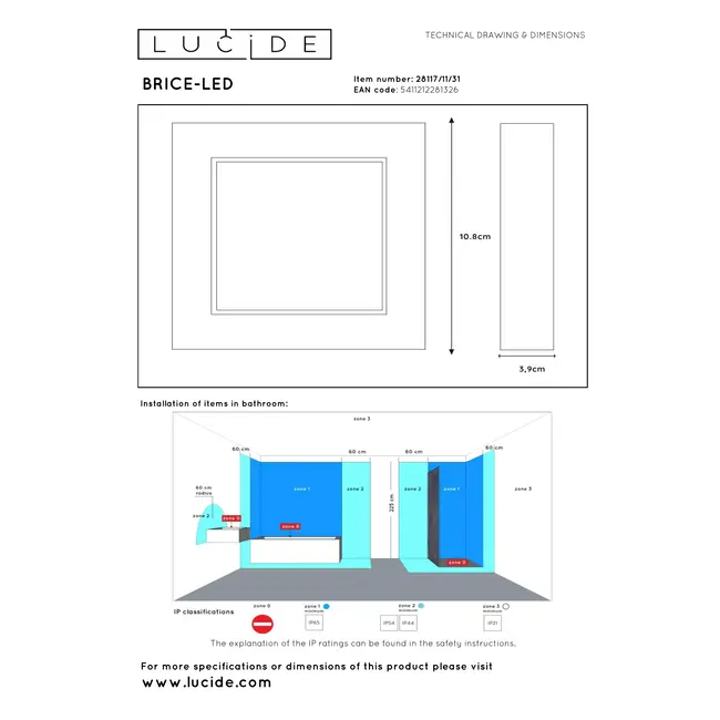 BRICE-LED - Plafonnier de salle de bain - LED à intensité variable - 1x8W 3000K - IP44 - Blanc - 28117/11/31