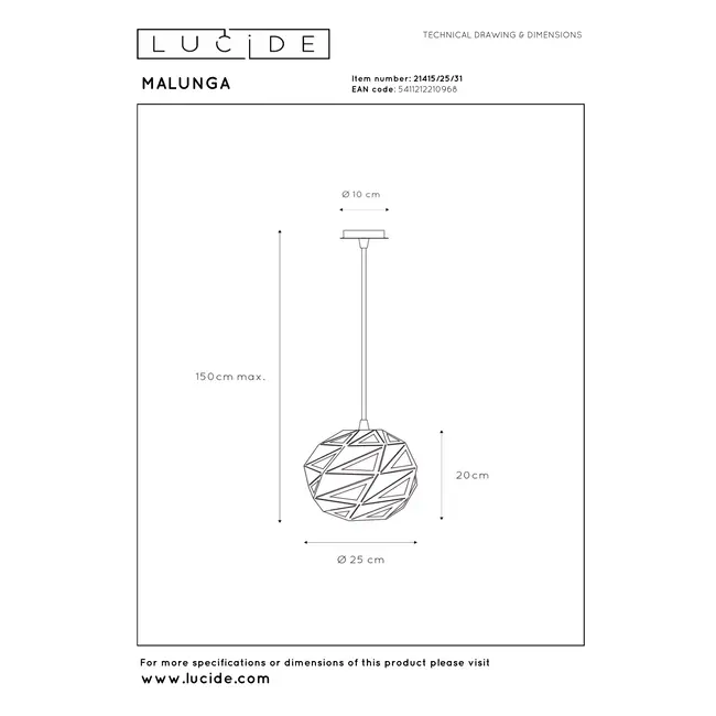 MALUNGA - Hanging lamp - Ø 25 cm - 1xE27 - White - 21415/25/31