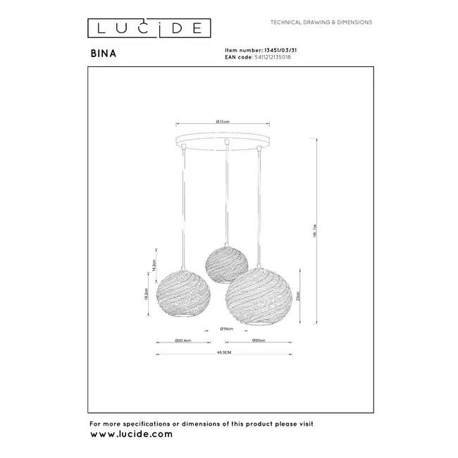 BINA - Suspension - Ø 40 cm - 3xE27 - Blanc - 13451/03/31