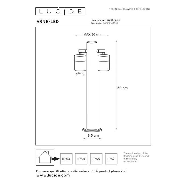 ARNE-LED - Lampadaire - Ø 6,3 cm - LED - GU10 - 2x5W 2700K - IP44 - Chrome mat - 14867/10/12