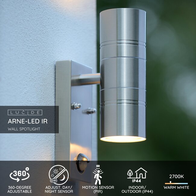 ARNE-LED IR - Spot mural / Applique mural Intérieur/Extérieur - Ø 6,3 cm - LED - GU10 - 2x5W 2700K - IP44- Détecteur De Mouvement & Jour/Nuit - Chrome Dépoli - 14866/10/12