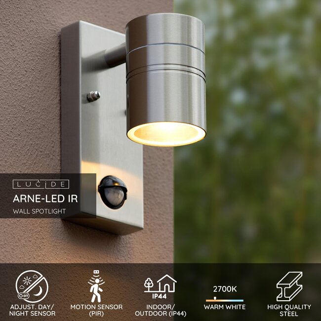 ARNE-LED IR - Wandspot / Wandlamp Binnen/Buiten - Ø 6,3 cm - LED - GU10 - 1x5W 2700K - IP44 - Beweging & dag/nacht sensor - Mat chroom - 14866/05/12