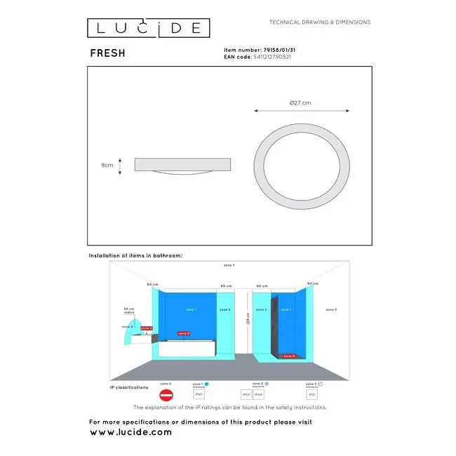 FRESH - Bathroom ceiling lamp - Ø 27 cm - 1xE27 - IP44 - White - 79158/01/31