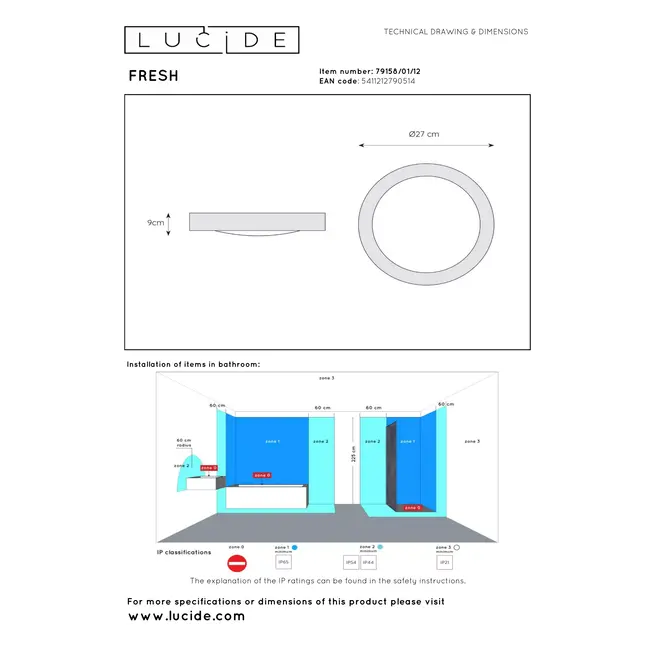 FRESH - Bathroom ceiling lamp - Ø 27 cm - 1xE27 - IP44 - Matt chrome - 79158/01/12
