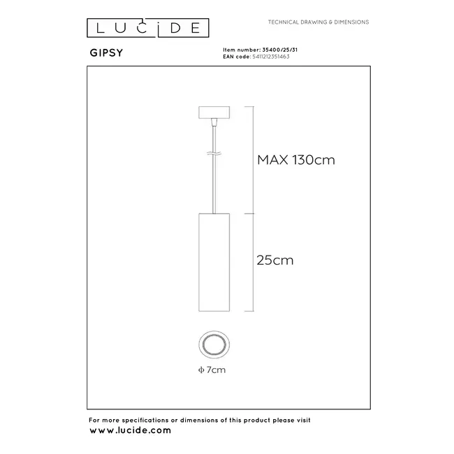 GIPSY - Hanglamp - Ø 7 cm - 1xGU10 - Wit - 35400/25/31