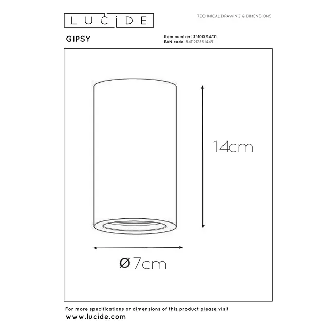 GIPSY - Plafondspot - Ø 7 cm - 1xGU10 - Wit - 35100/14/31