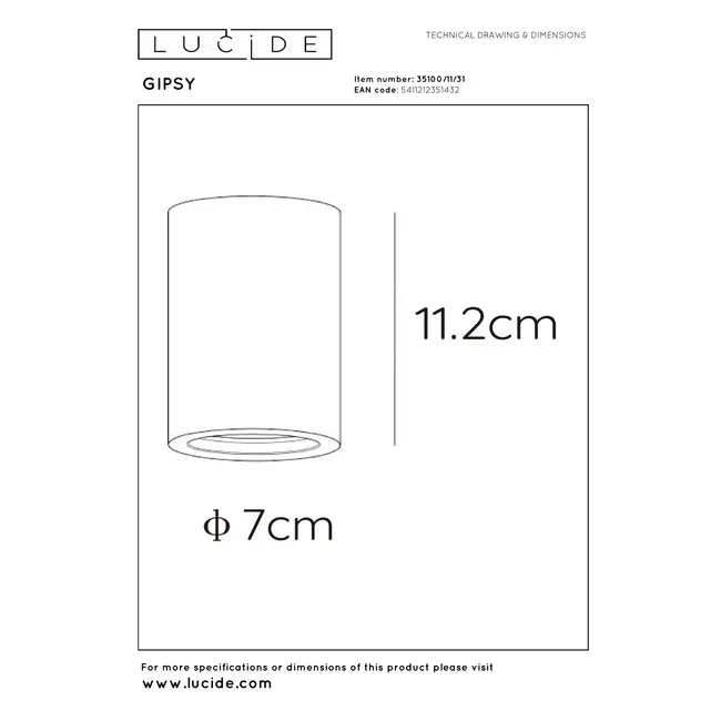 GIPSY - Plafondspot - Ø 7 cm - 1xGU10 - Wit - 35100/11/31