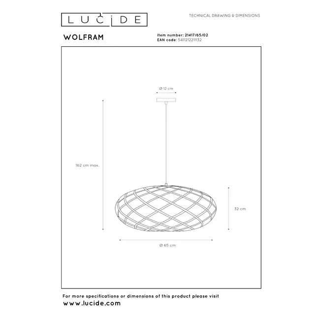 WOLFRAM - Suspension - Ø 65 cm - 1xE27 - Or mat / Laiton - 21417/65/02