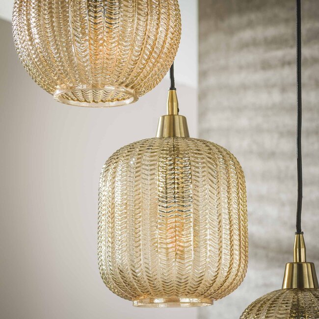 Pendant lamp 5L V-shape pattern stepped / Amber glass