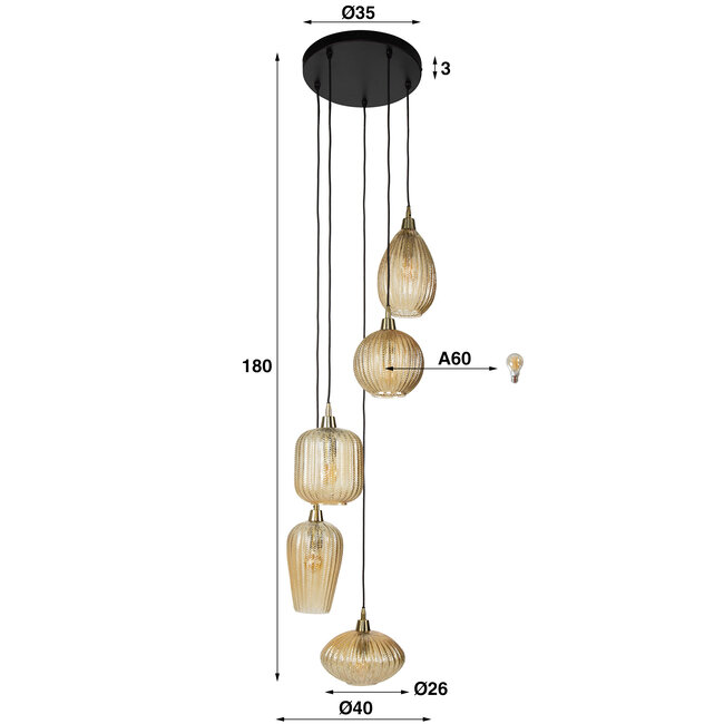 Pendant lamp 5L V-shape pattern stepped / Amber glass
