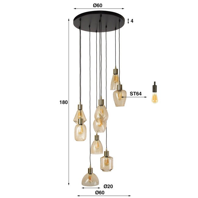 Pendant lamp 9L leaf stepped / Amber colored glass