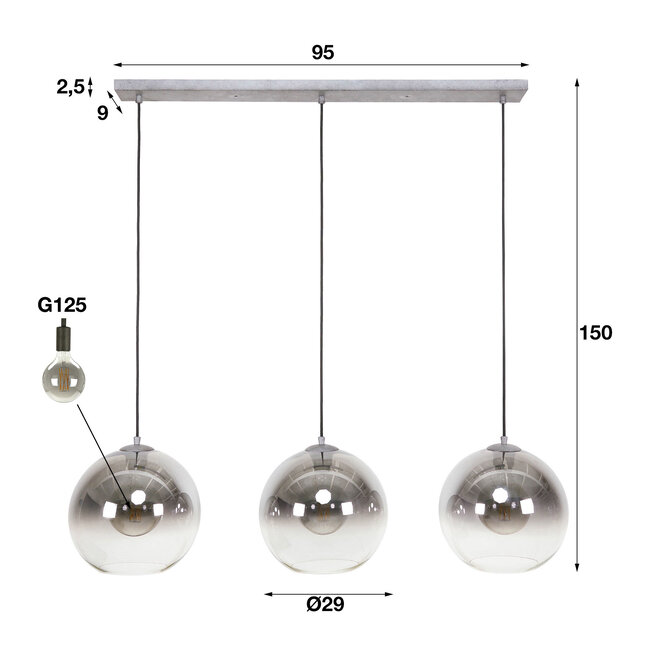 Pendant lamp 3L bubble shaded / Old silver