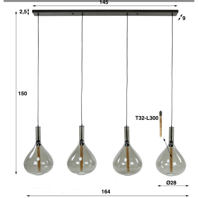 Suspension 4L goutte verre fumé / noir arctique