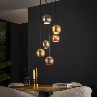 LioLights Hanglamp 6x bol getrapt metal print / Mat nikkel mix color