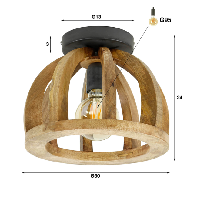 Ceiling lamp curved wooden bar / Solid mango natural