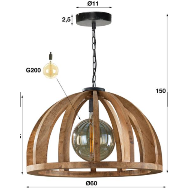 Hanglamp Ø60 gebogen houten spijlen / Massief mango naturel / Massief mango naturel