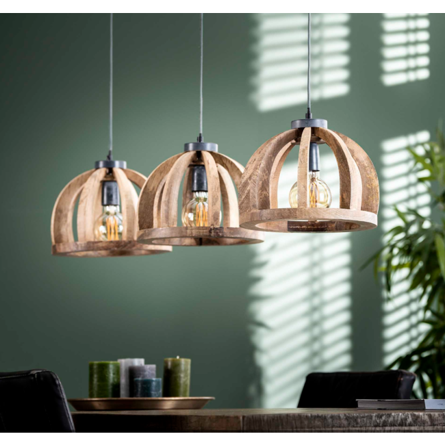 Pendant lamp 3x Ø30 curved wooden bars / Solid mango natural