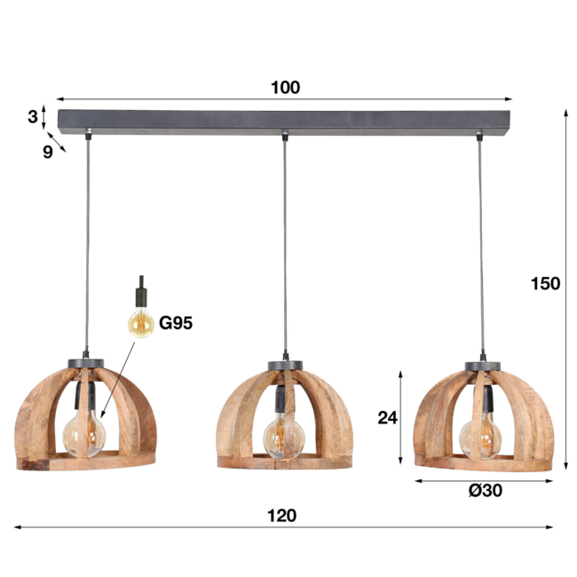 Hanglamp 3x Ø30 gebogen houten spijlen / Massief mango naturel