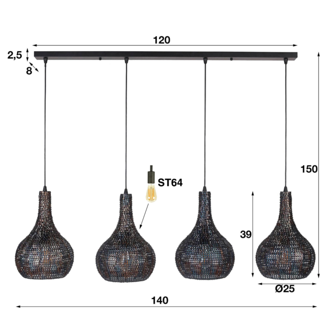 Pendant lamp 4L armor cone / Black brown