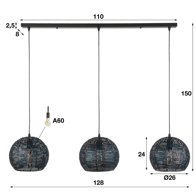 Hanglamp 3x Ø26 armor half rond / Zwart bruin