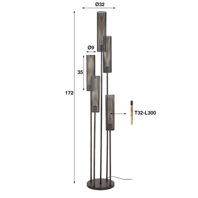Lampadaire 5L tube étagé maille / Noir Artic