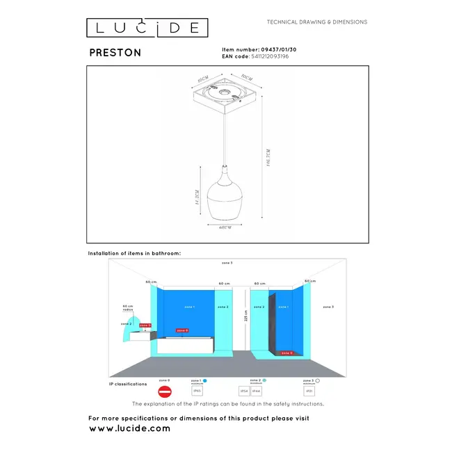 PRESTON - Hanglamp Badkamer - Ø 10 cm - 1xGU10 - IP44 - Zwart - 09437/01/30