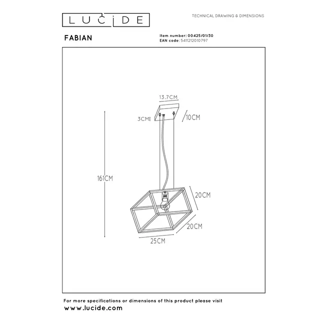 FABIAN - Hanglamp - 1xE27 - Zwart - 00425/01/30
