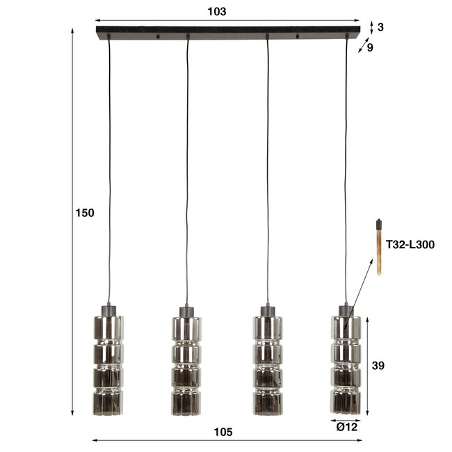 Suspension 4L cylindre verre / noir arctique