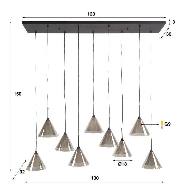 Hanging lamp 5+4 tapered shade glass (G9) / Smoke gray glass