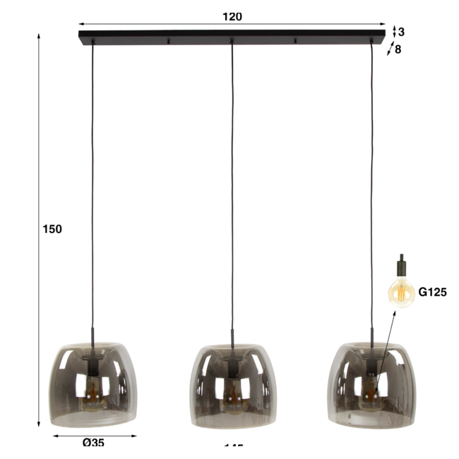 Hanglamp 3L drift glass / Smoke grey glas
