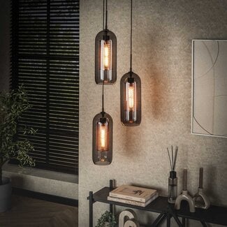 LioLights Suspension 3L en verre fumé étagé - acier perforé / noir arctique