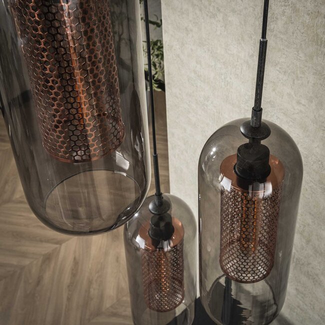 Pendant lamp 3L stepped smoke glass-perforated steel / Artic black