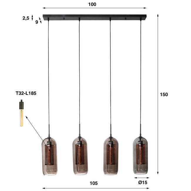 Suspension 4L verre fumé-acier perforé / Noir Artic