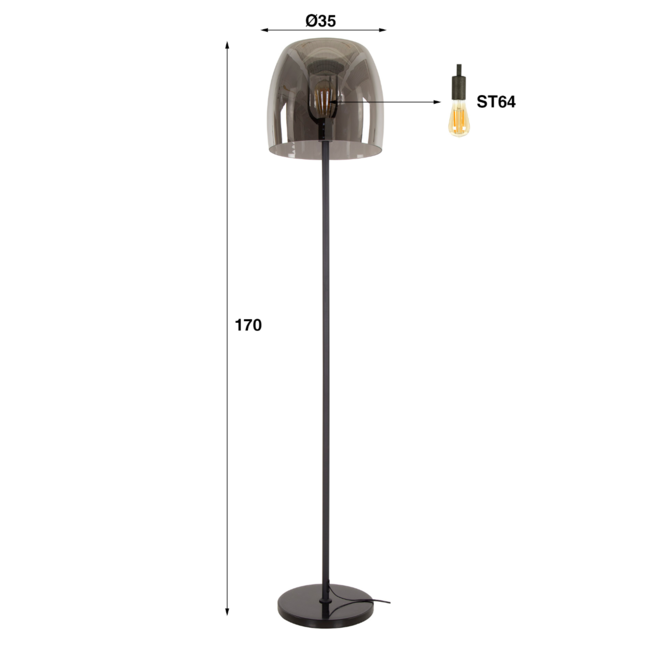 Vloerlamp 1L drift glass / Smoke grey glas