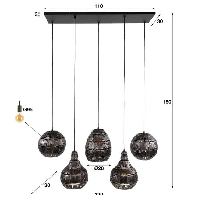 Hanglamp 5L strip multi shade / Zwart bruin