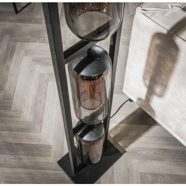 Lampadaire 3L tour verre fumé-acier perforé / Noir Artic