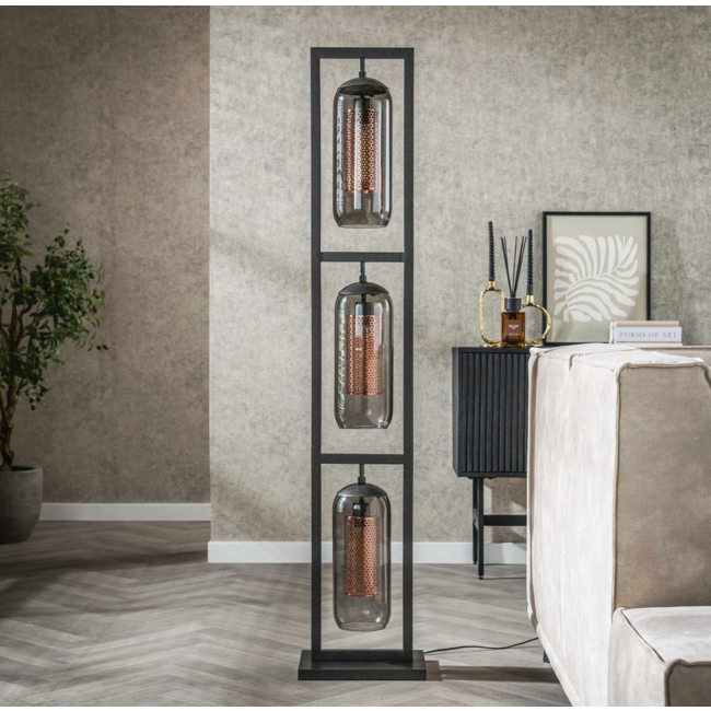 Lampadaire 3L tour verre fumé-acier perforé / Noir Artic
