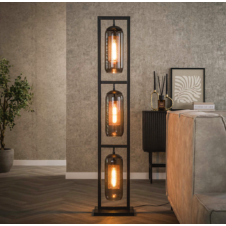 LioLights Vloerlamp 3L tower smoke glas-geperforeerd staal / Artic zwart