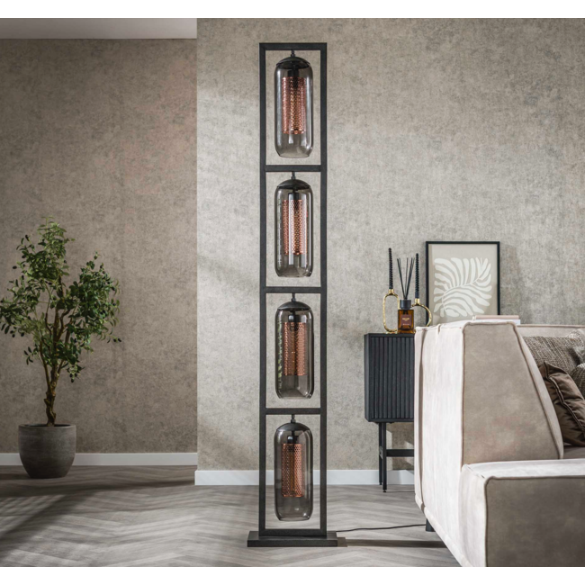 Lampadaire 4L tour verre fumé-acier perforé / Noir Artic