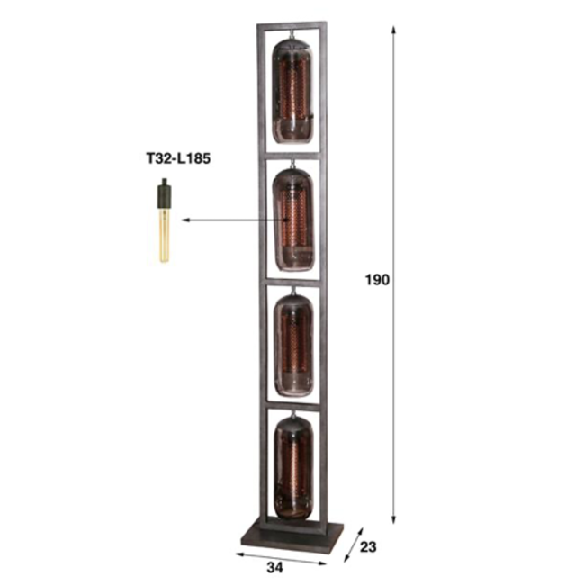 Lampadaire 4L tour verre fumé-acier perforé / Noir Artic