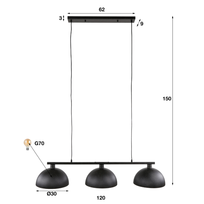Hanglamp 3L halfronde kap-ribbel / Artic zwart