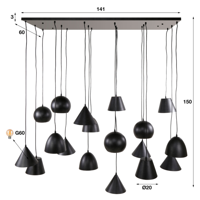 Hanglamp 18L  XXL metalen kap / Artic zwart