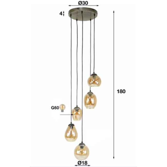 Hanglamp 5L getrapt mix / Chromed glas
