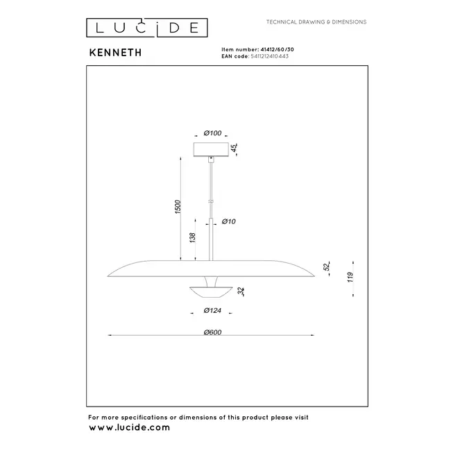 Premium KENNETH - Hanglamp - Ø 60 cm - LED Dimb. - 1x16W 2700K - Zwart - 41412/60/30