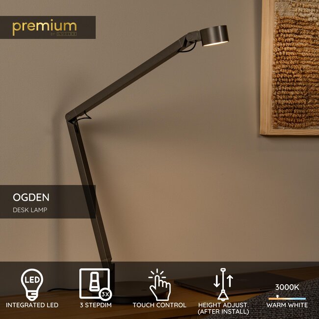 Premium OGDEN - Bureaulamp - LED 3 StepDim - 1x7W 3000K - Grijs ijzer - 56505/06/15