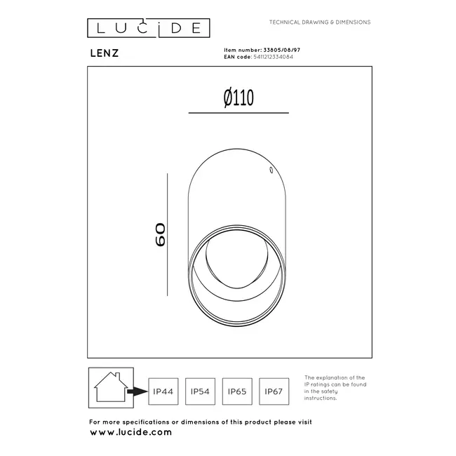 LENZ - Ceiling spotlight Indoor/Outdoor - Ø 11 cm - LED - 1x8W 2700K - IP54 - Rust Brown | Essential - 33805/08/97